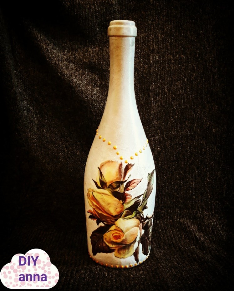 Decoupage bottle shabby chic with rice paper and pearl pen DIY ideas decorations craft tutorial