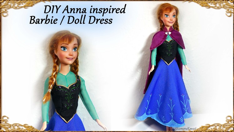 DIY Barbie. Doll Anna "Frozen" inspired Dress - Tutorial