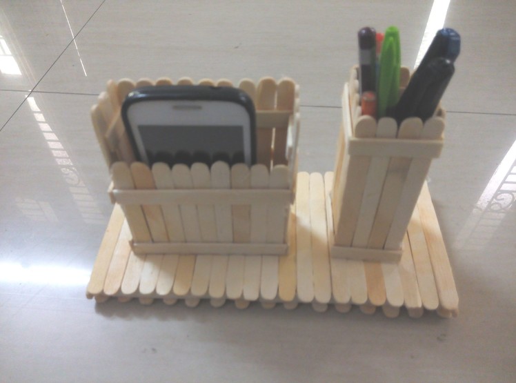 DIY: How to make mobile phone and pen stand using ice cream sticks.  popsicle sticks