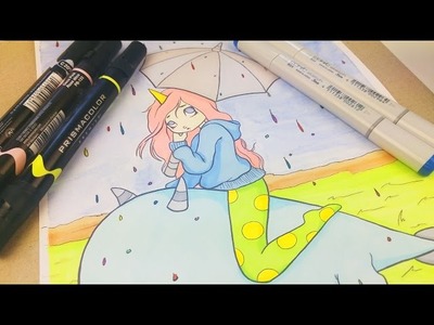 COPIC MARKER & WATERCOLOR COLORING UNICORN GIRL -  how to color with mix media speed art