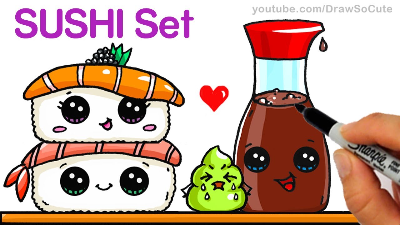How to Draw Kawaii Sushi Easy - Sushi, Wasabi and Soy Sauce step by