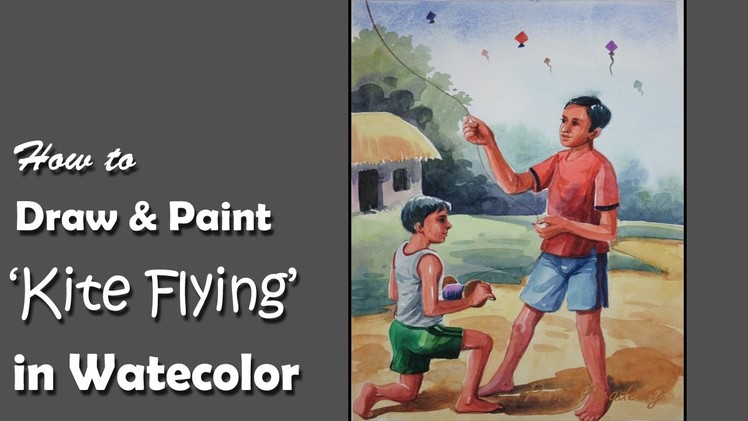 How to Draw & Paint on the subject 'Kite Flying' in Watercolor