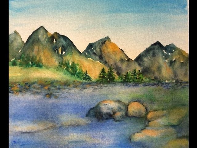 How to paint Rocky Mountain landscape with watercolor, step by step tutorial