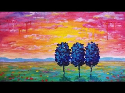 Simple Sunset Landscape | How to Paint Drip Trees & Clouds | Live Beginner Acrylic Painting Tutorial