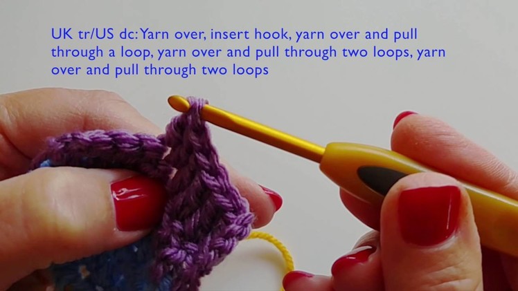 Right handed tutorial for five basic crochet stitches in UK and US terms