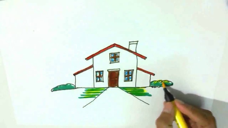 How to draw a cartoon house  - in easy steps for children, kids, Step by step.