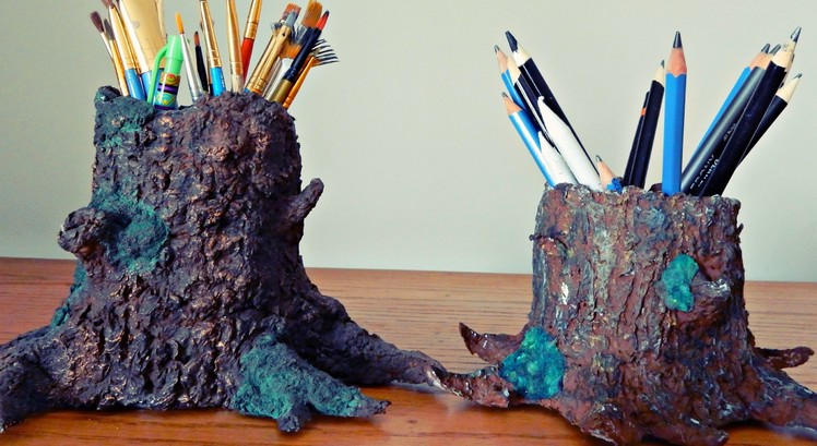 Paper Mâché Tree Trunk | DIY Pencil.Painbrush Holder