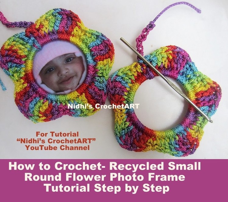 How to Crochet- Recycled Small Round Flower Photo Frame Tutorial Step by Step