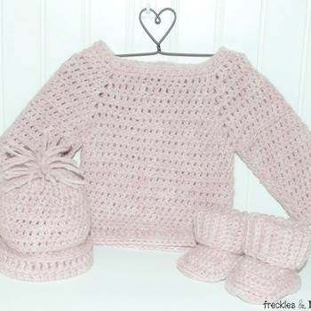 Wool Pullover Sweater with Matching Beanie and Booties: Baby Girl 0-3 months (shown)- Blush Heather Pink (Set)