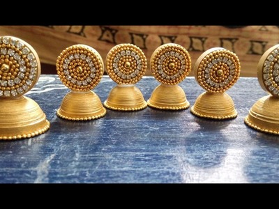 How to make Golden Quilling jumka  with rhinestone stud-DIY