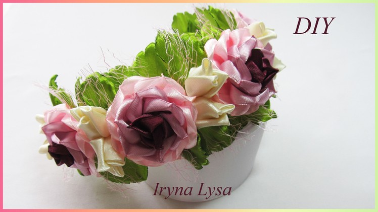 DIY: Satin rose, How to make ribbon flower, Flower Crown Headband, Мастер-класс, розы из ленты