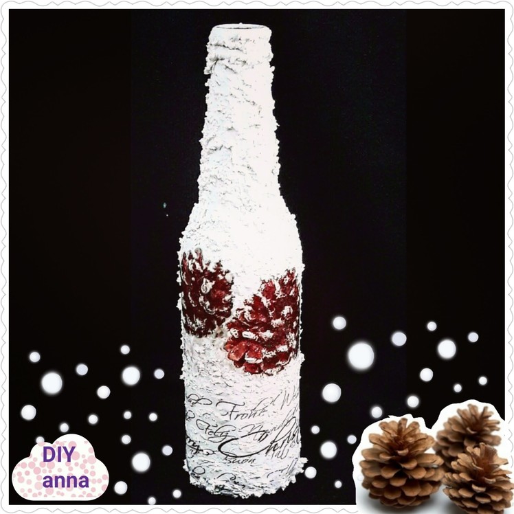 Decoupage Christmas bottle with snow and pinecones DIY ideas decorations craft tutorial. URADI SAM