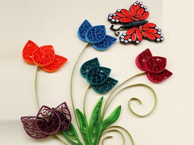 Paper quilling art  How to make Beautiful Quilling colorful  Flowers design with butterfly part 2