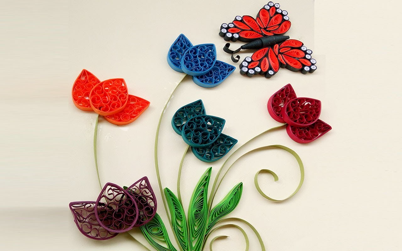Paper quilling art  How to make Beautiful Quilling colorful  Flowers design with butterfly part 2