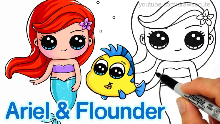 How to Draw 'Baby' Ariel and Flounder step by step Easy -Disney Little Mermaid