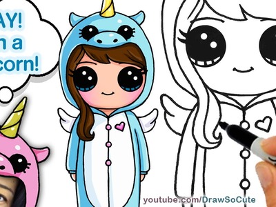 How to Draw Cute Girl in Unicorn Onesie step by step Easy