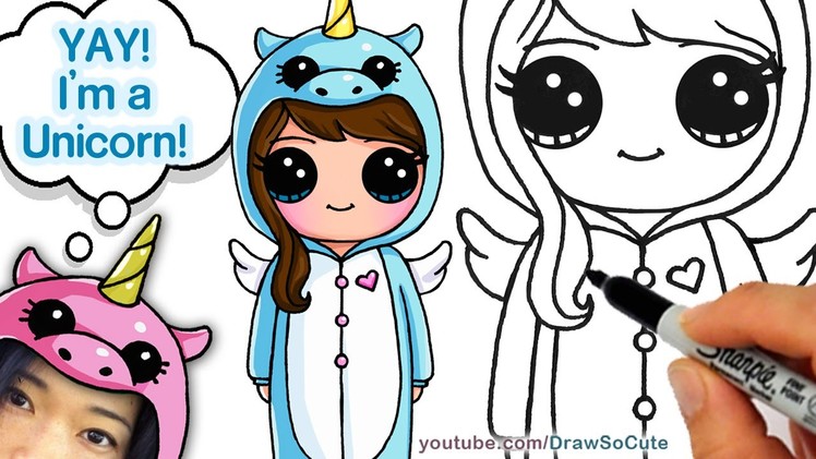 How to Draw Cute Girl in Unicorn Onesie step by step Easy