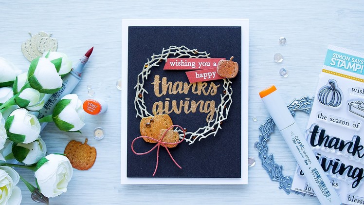 STAMPtember Hero Arts Thanksgiving Card - Coloring Glitter Paper with Copics