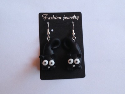 Black Cat earrings handmade polymer clay - Czarny Kot kolczyki z modeliny - Modelina