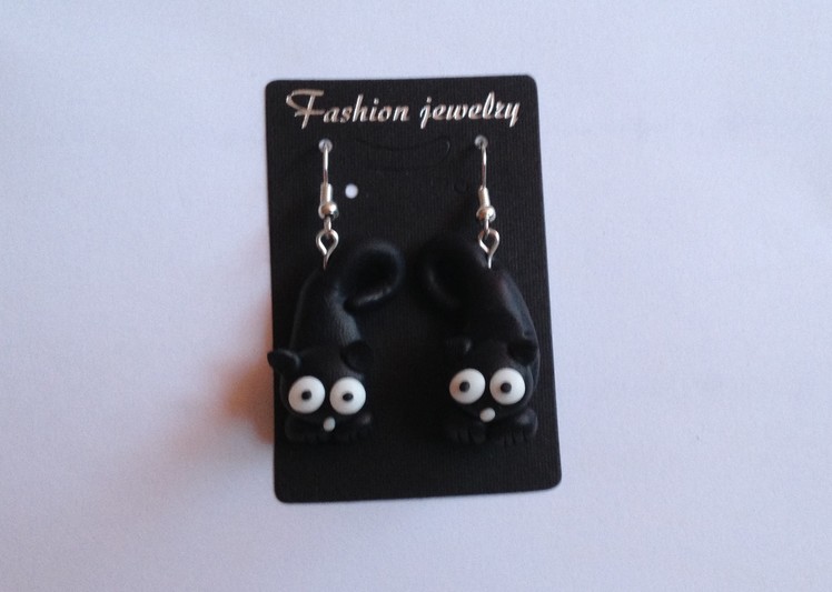 Black Cat earrings handmade polymer clay - Czarny Kot kolczyki z modeliny - Modelina