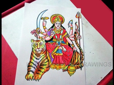 How to Draw Navratri goddess Kanaka durga with Tiger Drawing Step by Step for Kids