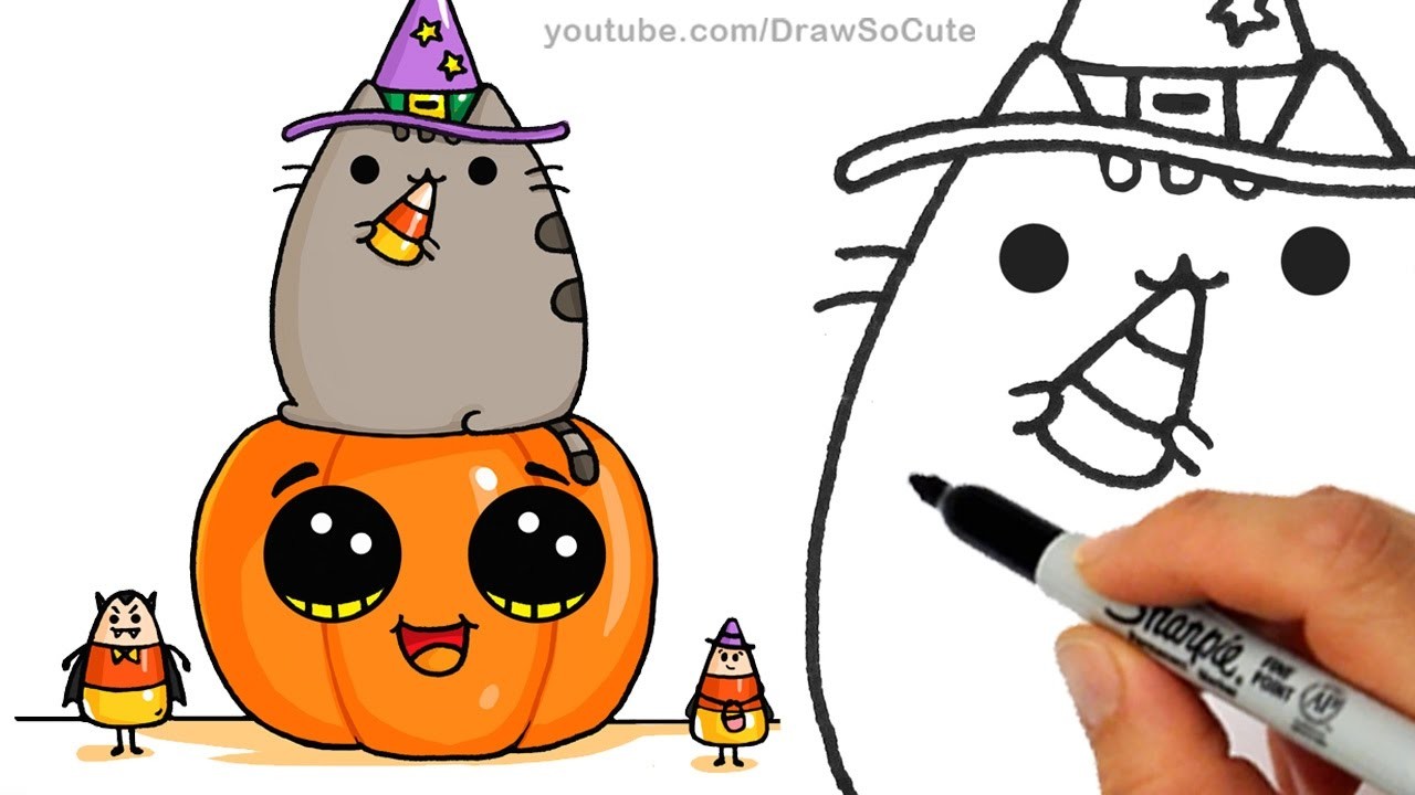 How To Draw Pusheen Cat On Pumpkin With Candy Corn Step By Step Easy Halloween