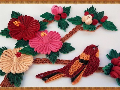 Paper Quilling how to make Beautiful bird, 3D Mandaram flowers and leaves handcrafted wall frame
