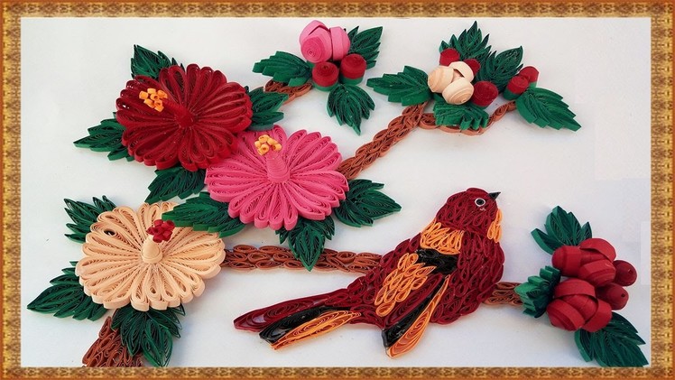 Paper Quilling how to make Beautiful bird, 3D Mandaram flowers and leaves handcrafted wall frame