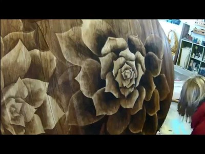 Wood Stain Artwork on Dining Table (Succulents) 'Shading with Stain' by Sawdust and Embryos