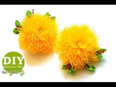 DIY Chrysanthemums kanzashi. Kanzashi flower tutorial. Scrunchy. Organza Flower.
