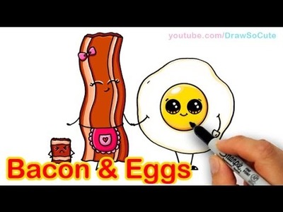 How to Draw Cartoon Bacon and Eggs Breakfast Cute and Easy