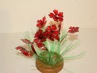 Best Out Of Waste Plastic bottles transformed to lovely Red Flower plant Showpiece
