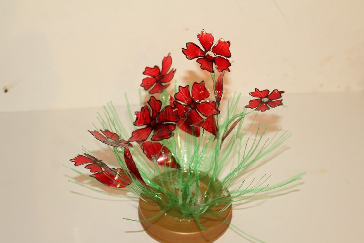 Best Out Of Waste Plastic bottles transformed to lovely Red Flower plant Showpiece