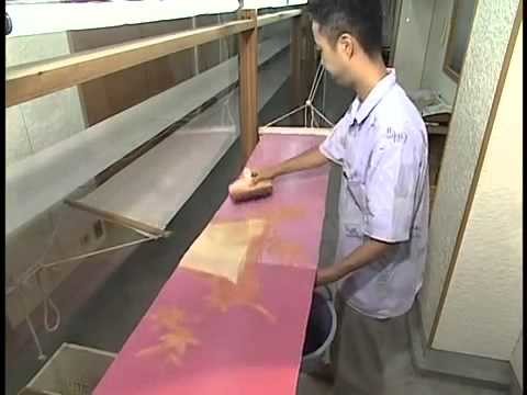 Japanese process of Yuzen: Hand dyeing material for Kimonos