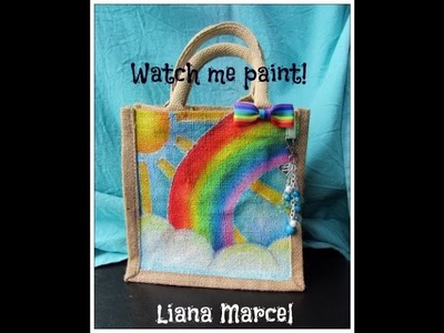 Watch me paint! Simple Rainbow jute lunch bag with acrylic paints