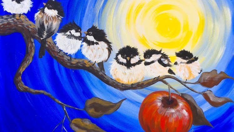 Chickadee Flock  and Apple Branch fall painting Tutorial for Beginners