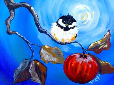 Happy Chickadee and apple branch Beginner Step by Step Acrylic tutorial fall