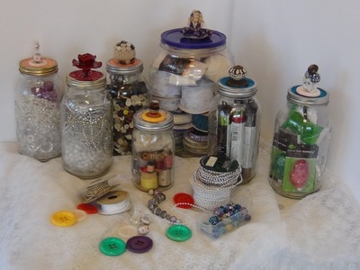 ORGANIZERS FOR THE SEWING ROOM: CANNING JARS WITH HANDMADE BEADED TOPPERS & DRAWER PULLS
