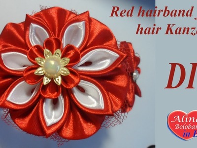 Red hairband for hair Kanzashi. Tutorial Kanzashi