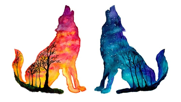Day & Night Wolves - Double Exposure Speed Painting [Watercolor & Gouache]