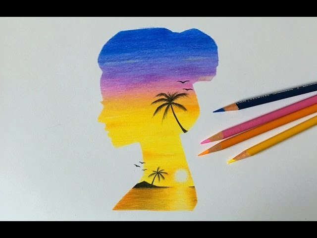 Drawing a Double Exposure Sunset Girl