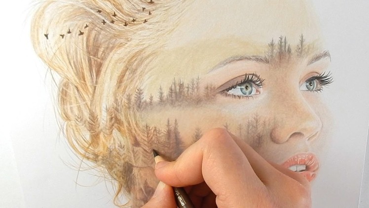 Timelapse | Drawing a double exposure portrait with colored pencils | Emmy Kalia