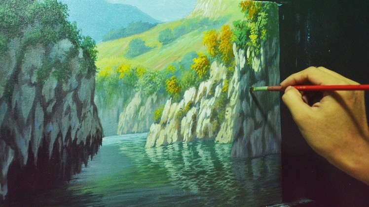 Acrylic Landscape Painting Lesson - Rocky Cliffs and River by JMLisondra