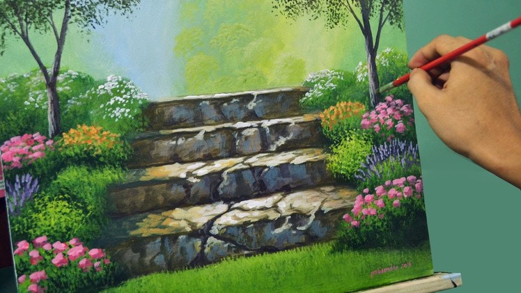 Acrylic Landscape Painting Lesson - Stairway to Flower Garden by JMLisondra