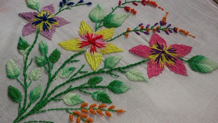 Hand embroidery- romanian stitch flowers and fish bone leaves- leisha's galaxy.