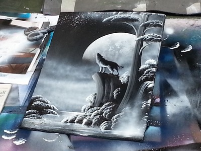 Spray paint art - Wolf and moon - made by street artist
