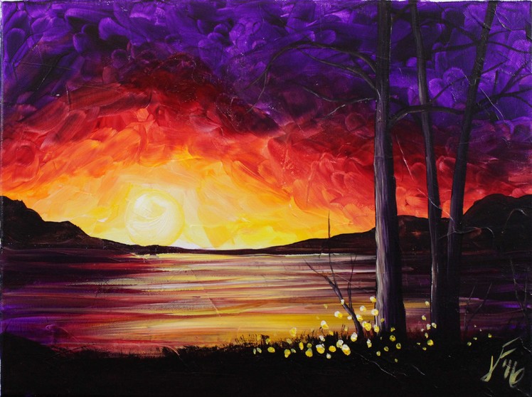 Summer Sunset at the Lake Step by Step Acrylic Painting on Canvas for Beginners