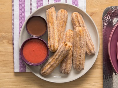 Baked Churros with Dipping Sauces with Spoon Fork Bacon