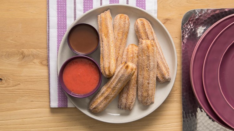 Baked Churros with Dipping Sauces with Spoon Fork Bacon