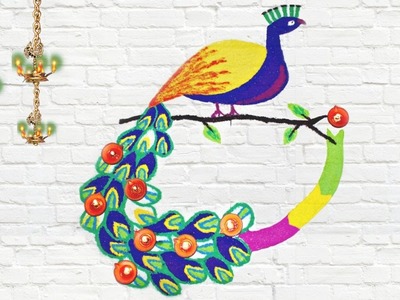 Peacock Rangoli Design with Colours and Diyas